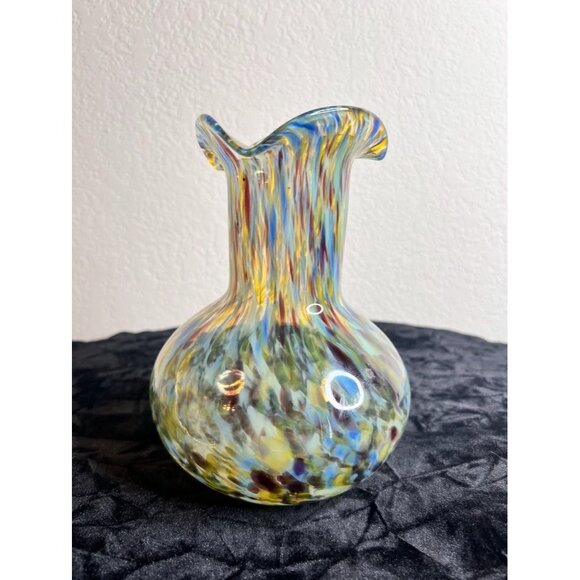 Hand-Blown Art Glass Vase Confetti Splash Swirl Pattern Ruffled Edge 7-3/4" - Picture 3 of 12